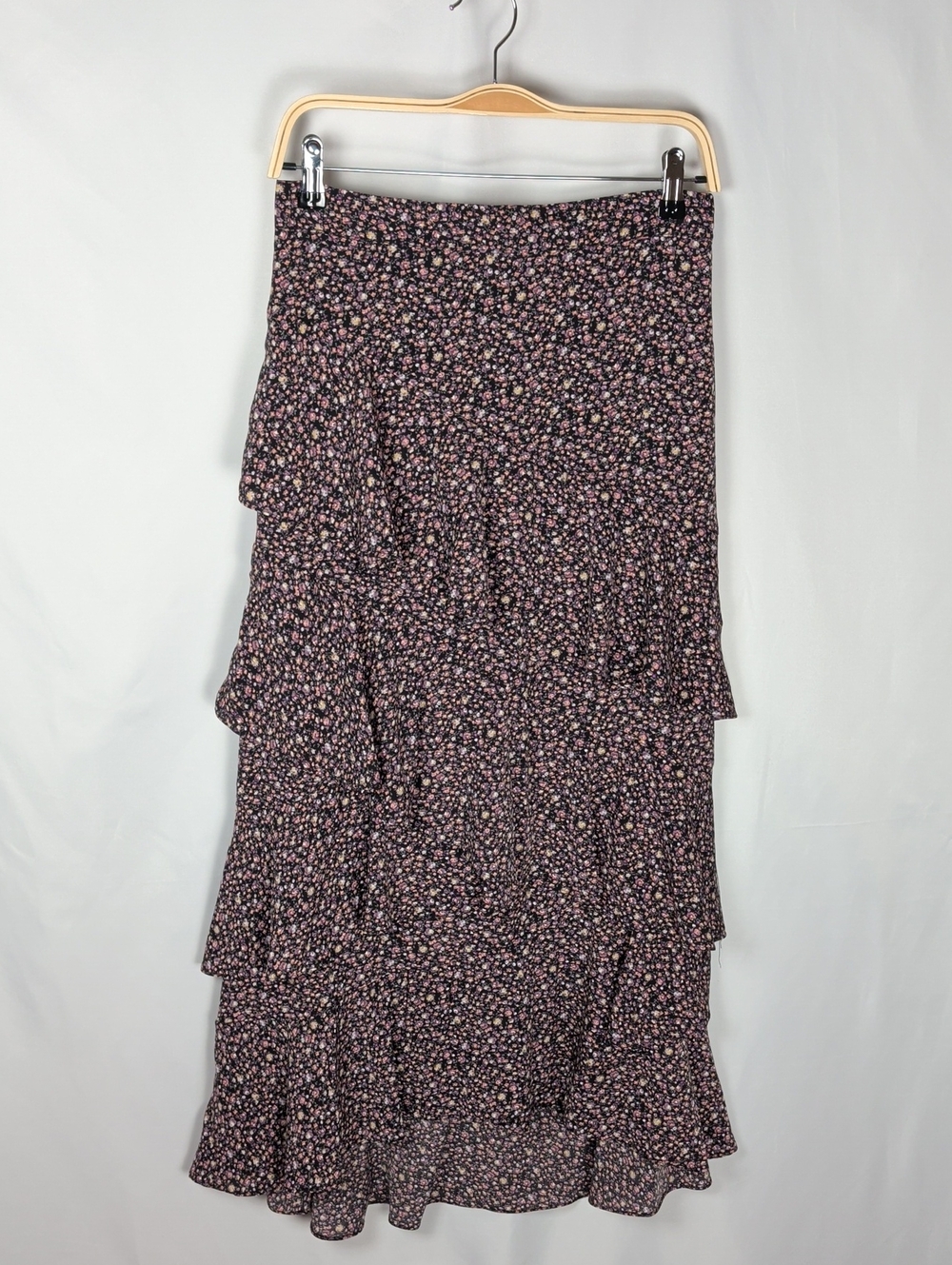 Lofty Manner Cheryl Floral Tiered Ruffle Maxi Skirt Boho Ditsy Purple Black M